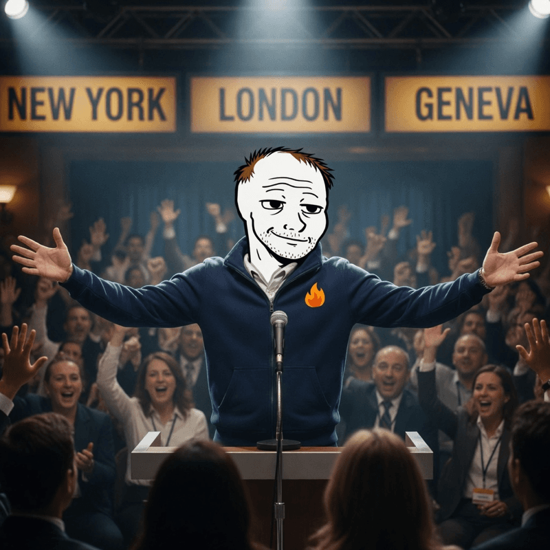 FIRE character presenting at a conference